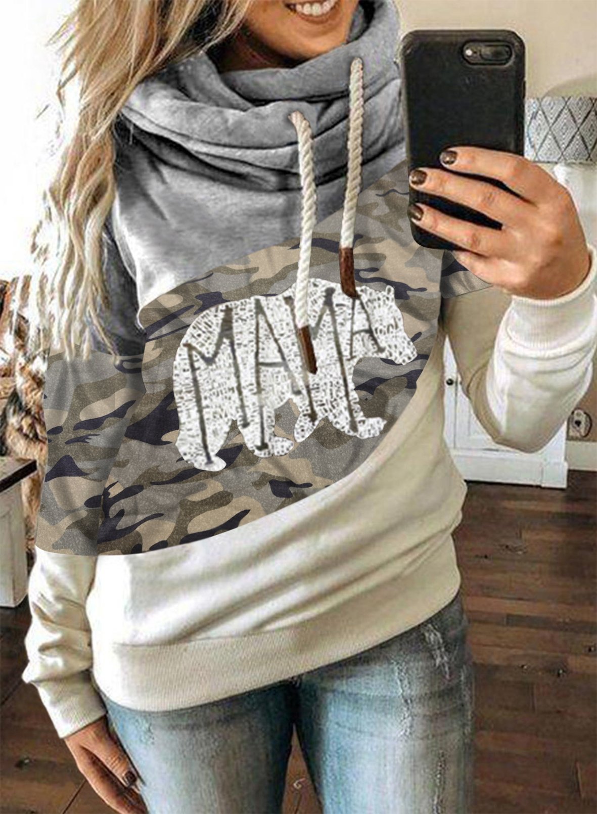 Gray Camouflage Color Block Hoodie LC2533642-11