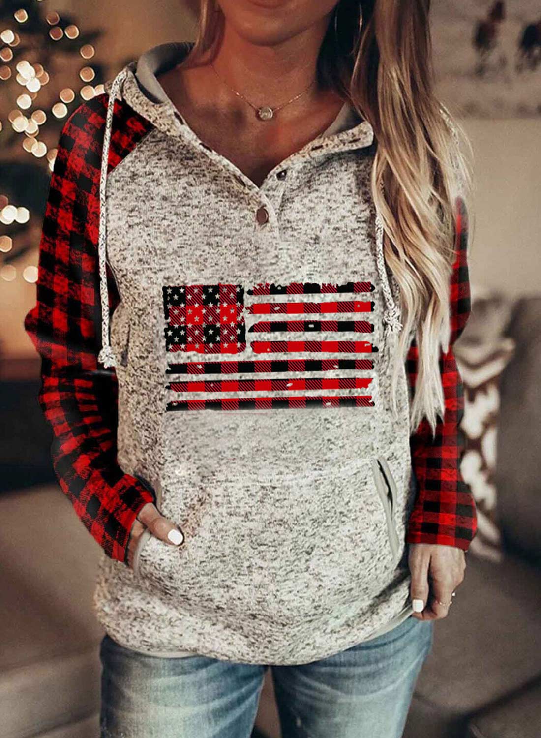 Red Women's Hoodies Color-block Plaid Flag Print Long Sleeve Pocket Hoodie LC2535043-3