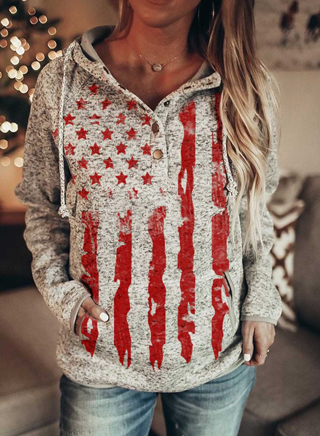 Red Women's Hoodies American Flag Print Gray Hoodie LC2534307-3