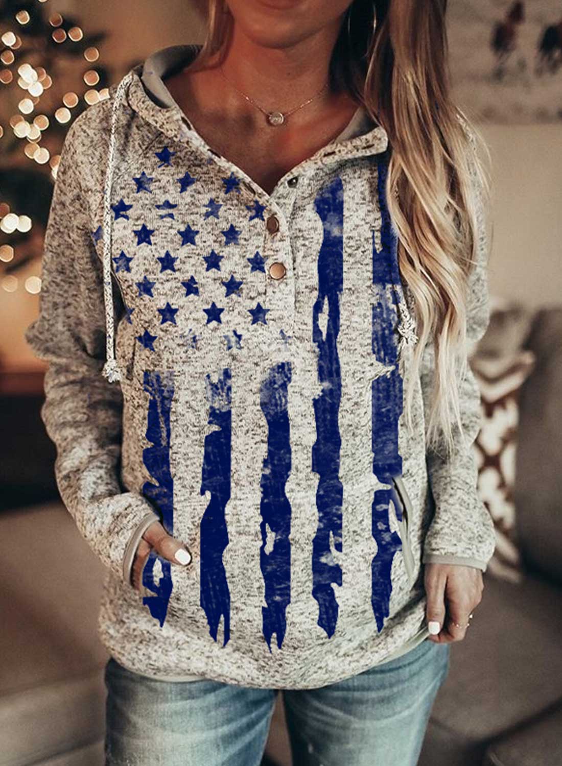 Blue Women's Hoodies American Flag Print Gray Hoodie LC2534307-5