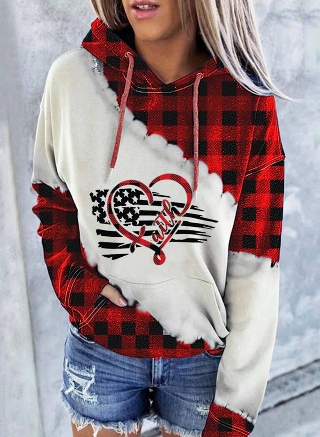 Red Women's Hoodies Drawstring Long Sleeve Plaid Flag Hoodies With Pockets LC2535895-3