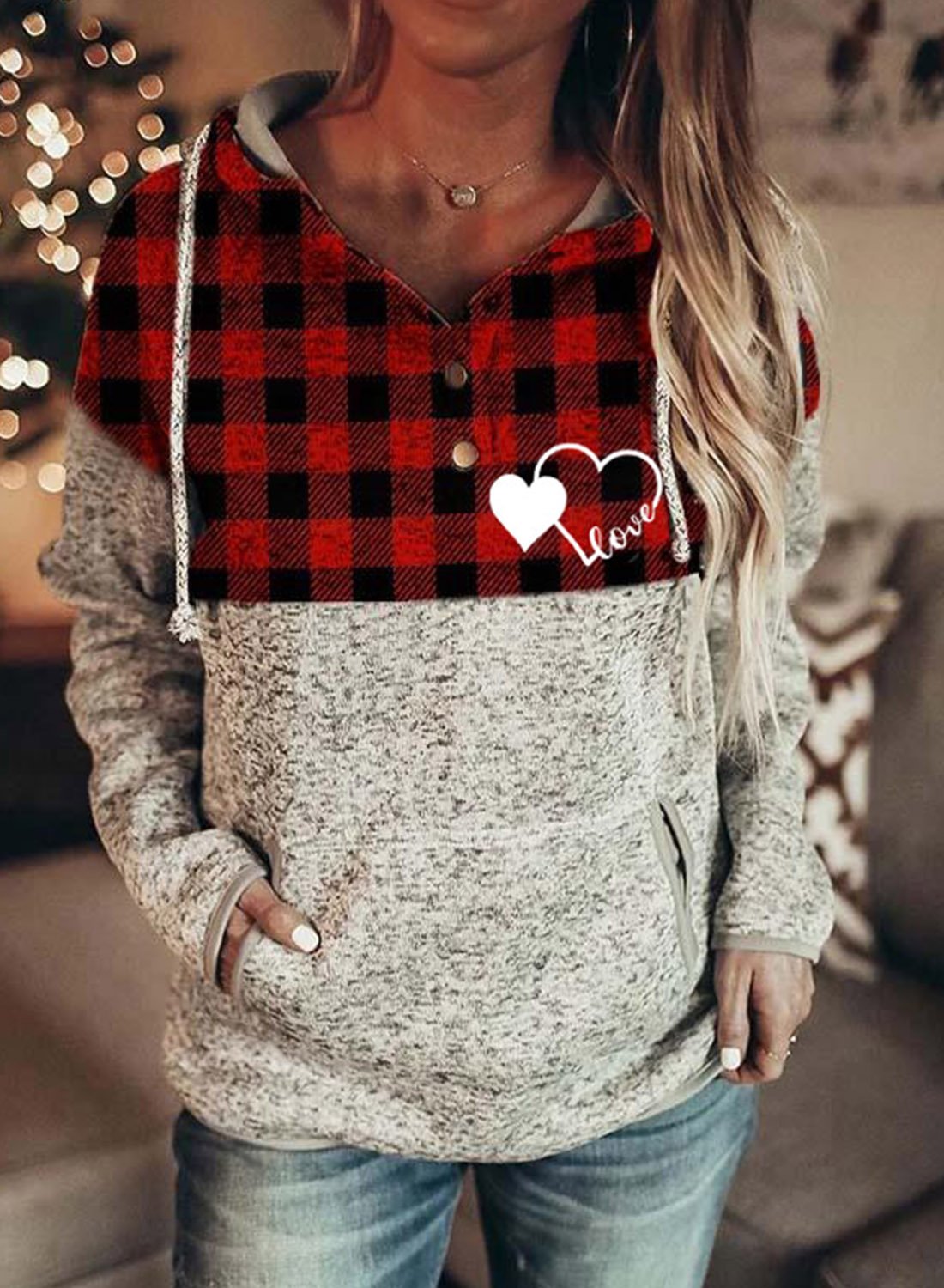 Red Women's Hoodies Drawstring Long Sleeve Plaid Hoodies With Pockets LC2536053-3