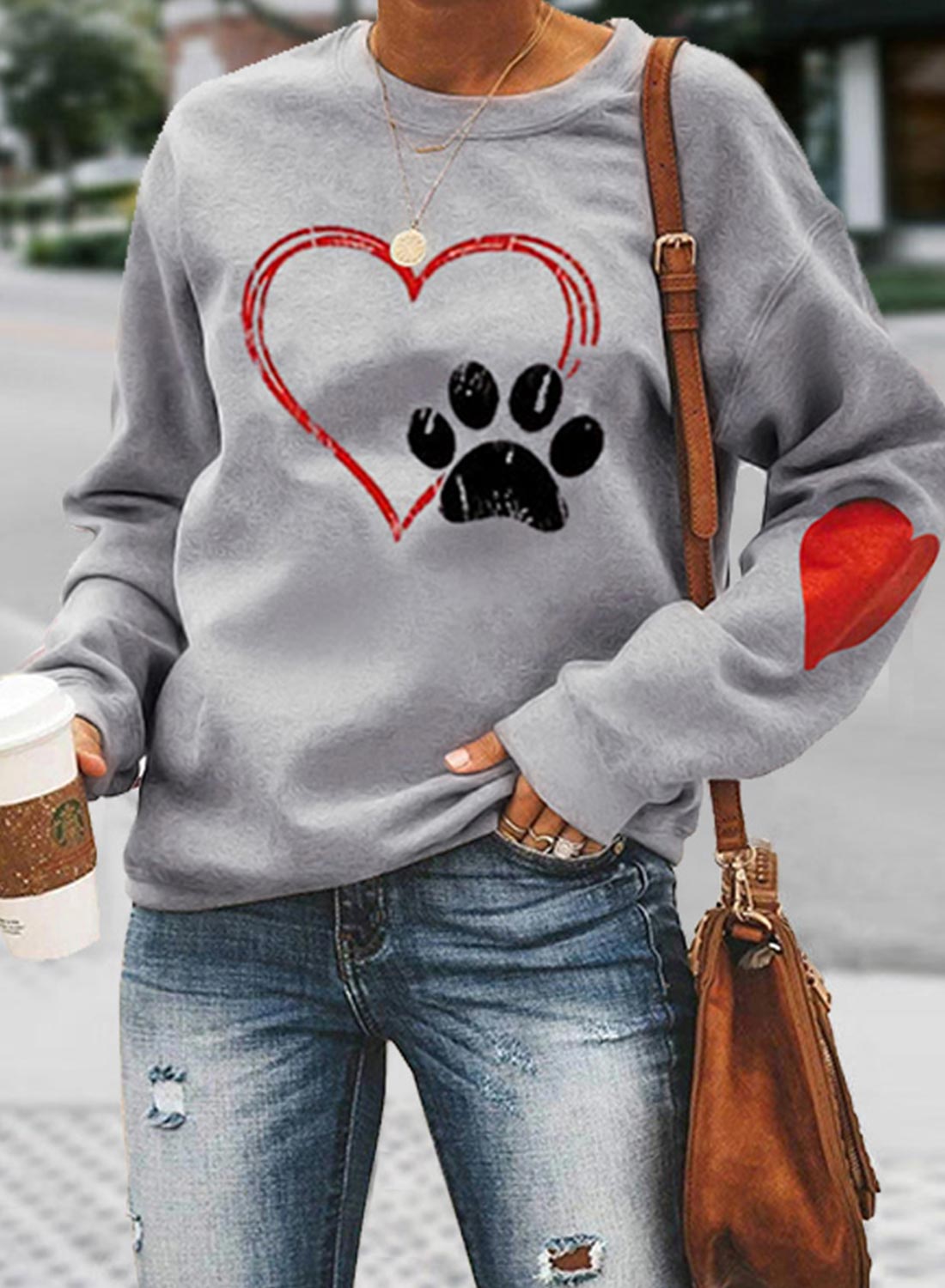 Gray Women's Sweatshirts Round Neck Long Sleeve Solid Sweatheart Animal Print Daily Sweatshirts LC2536168-11