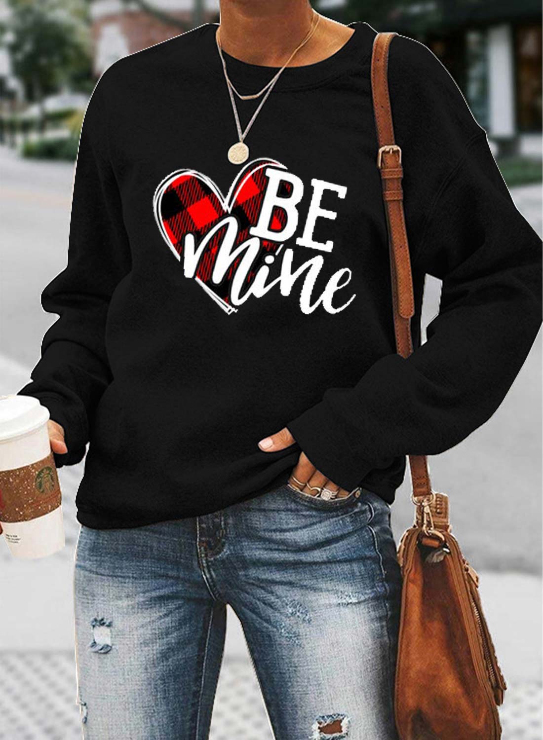 Black Women's Sweatshirts Round Neck Long Sleeve Plaid Letter Casual Love-shaped Sweatshirts LC2536459-2