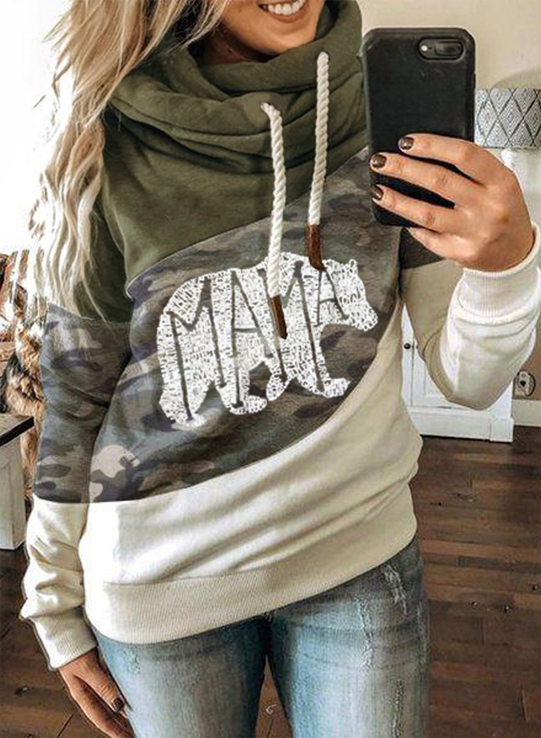Green Camouflage Color Block Hoodie LC2533642-9