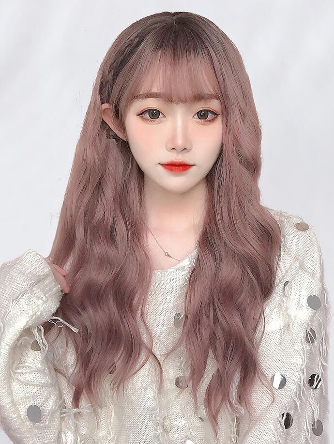 Long Brown Water Wave Synthetic Wig with Bang Lolita Cosplay SW323
