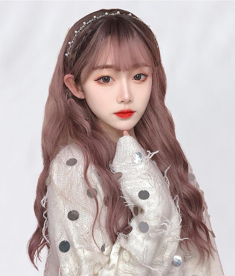 Long Brown Water Wave Synthetic Wig with Bang Lolita Cosplay SW323
