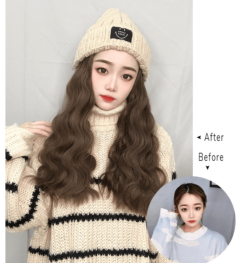 Curly Brown Long Hat Wig Synthetic SW329