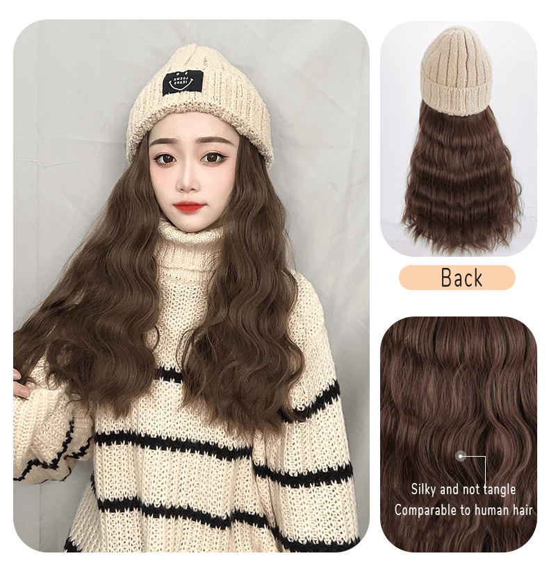 Curly Brown Long Hat Wig Synthetic SW329