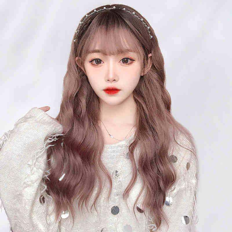 Long Brown Water Wave Synthetic Wig with Bang Lolita Cosplay SW323
