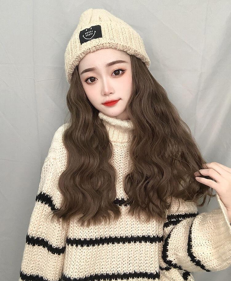 Curly Brown Long Hat Wig Synthetic SW329