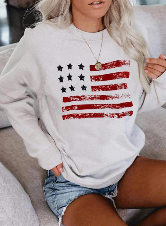White Women's Sweatshirts Flag Print Long Sleeve Round Neck Sweatshirt LC2535071-1