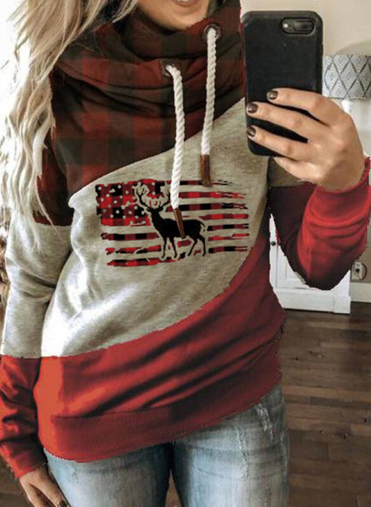 Red Women's Hoodies Plaid Color-block Flag Print Long Sleeve Hoodie LC2535871-3