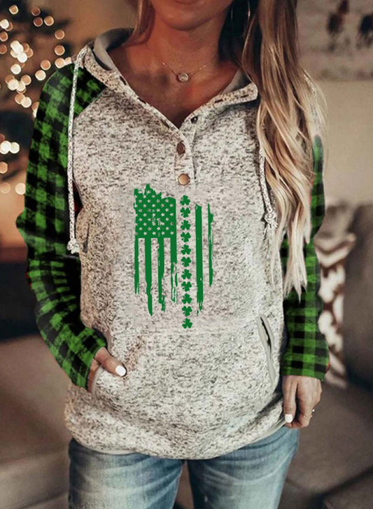 Gray Women's Hoodies Flag Plaid Color-block Long Sleeve Hoodie LC2535874-11