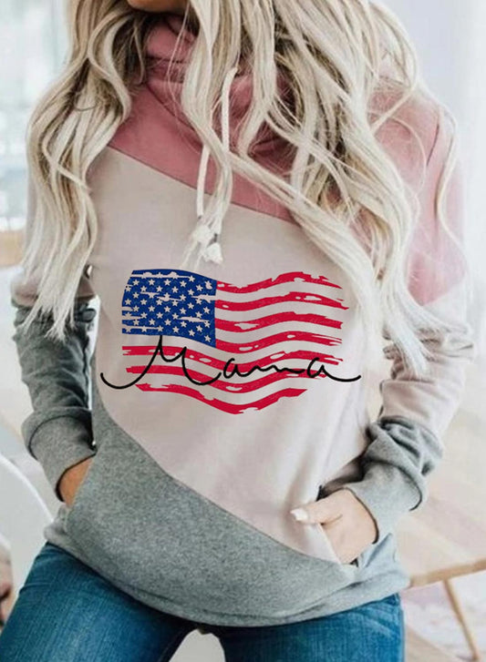 Pink Women's Hoodies Color Block Flag Print Long Sleeve Pocket Hoodie LC2535890-10