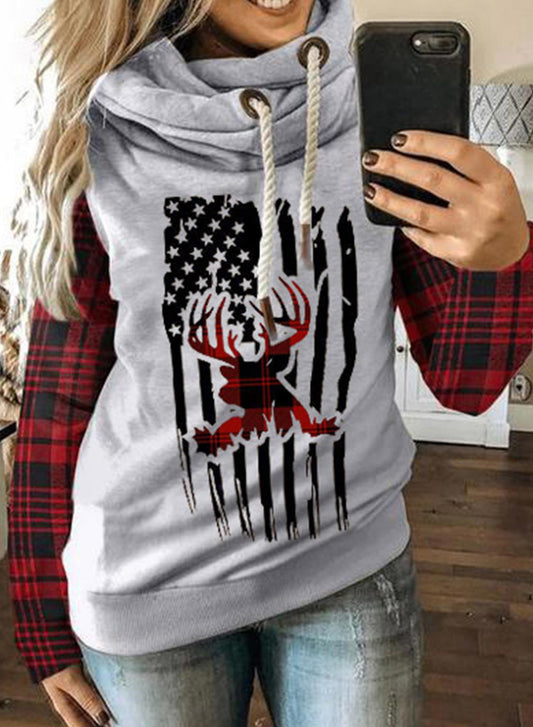 Red Women's Hoodies Drawstring Turtleneck Long Sleeve Plaid Flag Hoodies LC2535900-3