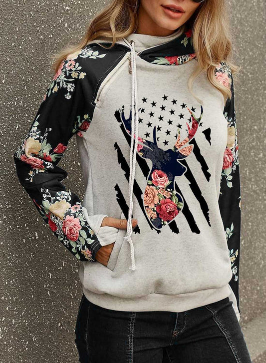 Black Women's Hoodies Floral Flag Turtleneck Long Sleeve Animal Print Hoodies With Pockets LC2535909-2