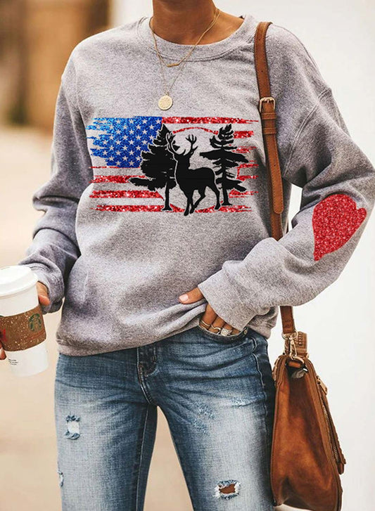 Gray Women's Sweatshirts Round Neck Long Sleeve Flag Animal Print Sweatshirts LC2535910-11
