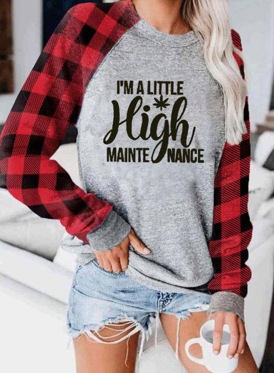 Gray Women's Sweatshirts Letter Print Plaid Long Sleeve Round Neck Sweatshirt LC2514950-11