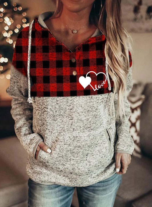 Red Women's Hoodies Drawstring Long Sleeve Plaid Hoodies With Pockets LC2536053-3