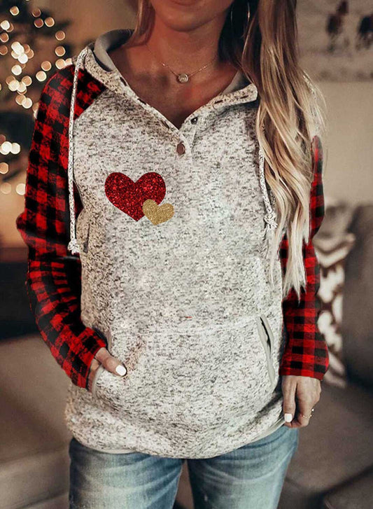 Red Women's Hoodies Plaid Heart-shaped Print Sequin Long Sleeve Hoodie LC2536078-3