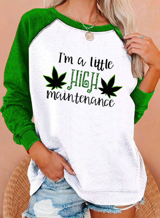 Green Women's Pullovers Fruits& Plants Letter Color Block Long Sleeve Round Neck Casual Pullover LC2536306-9