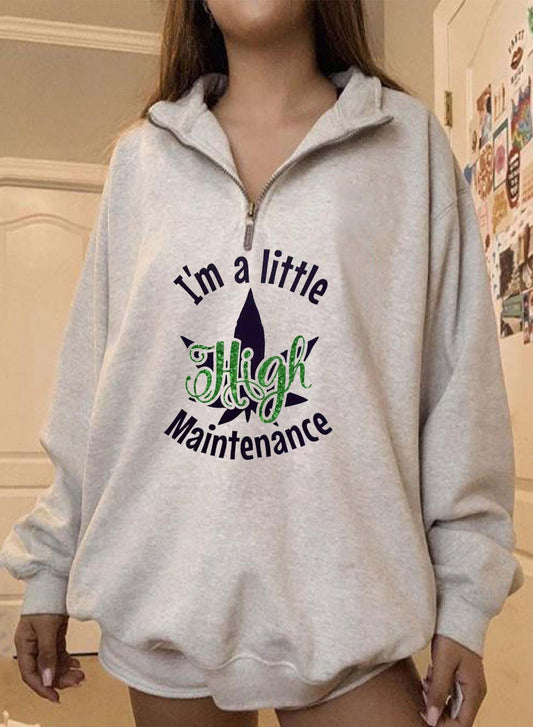 Gray Women's Sweatshirts Letter Color Block Long Sleeve High Neck Casual Zip Sweatshirt LC2536308-11