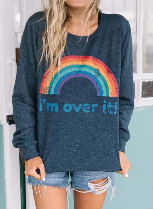 Blue Women's Sweatshirts Round Neck Long Sleeve Solid Rainbow Letter Daily Casual Sweatshirts LC2536462-5