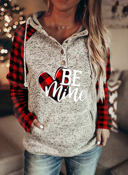 Red Women's Hoodies Drawstring Long Sleeve Color Block Plaid Letter Casual Hoodies With Pockets LC2536458-3