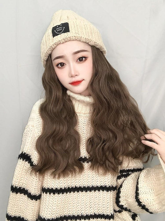 Curly Brown Long Hat Wig Synthetic SW329